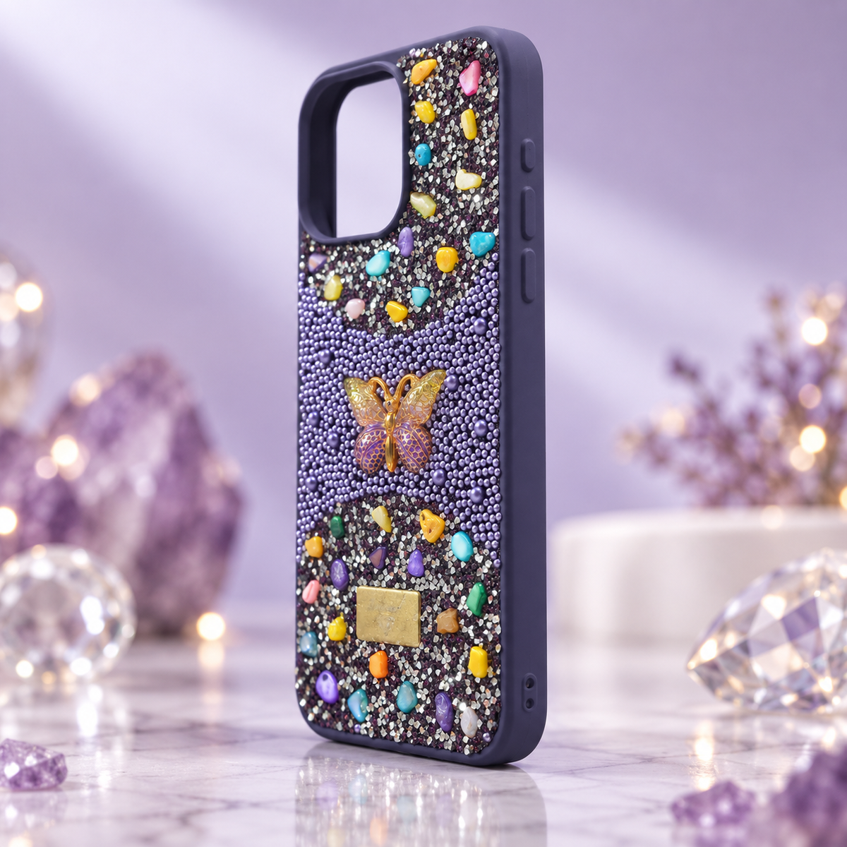iPhone 16 Pro Max premium-looking 3D butterfly case with pearls, glitter, shiny stones and gem-style decorations