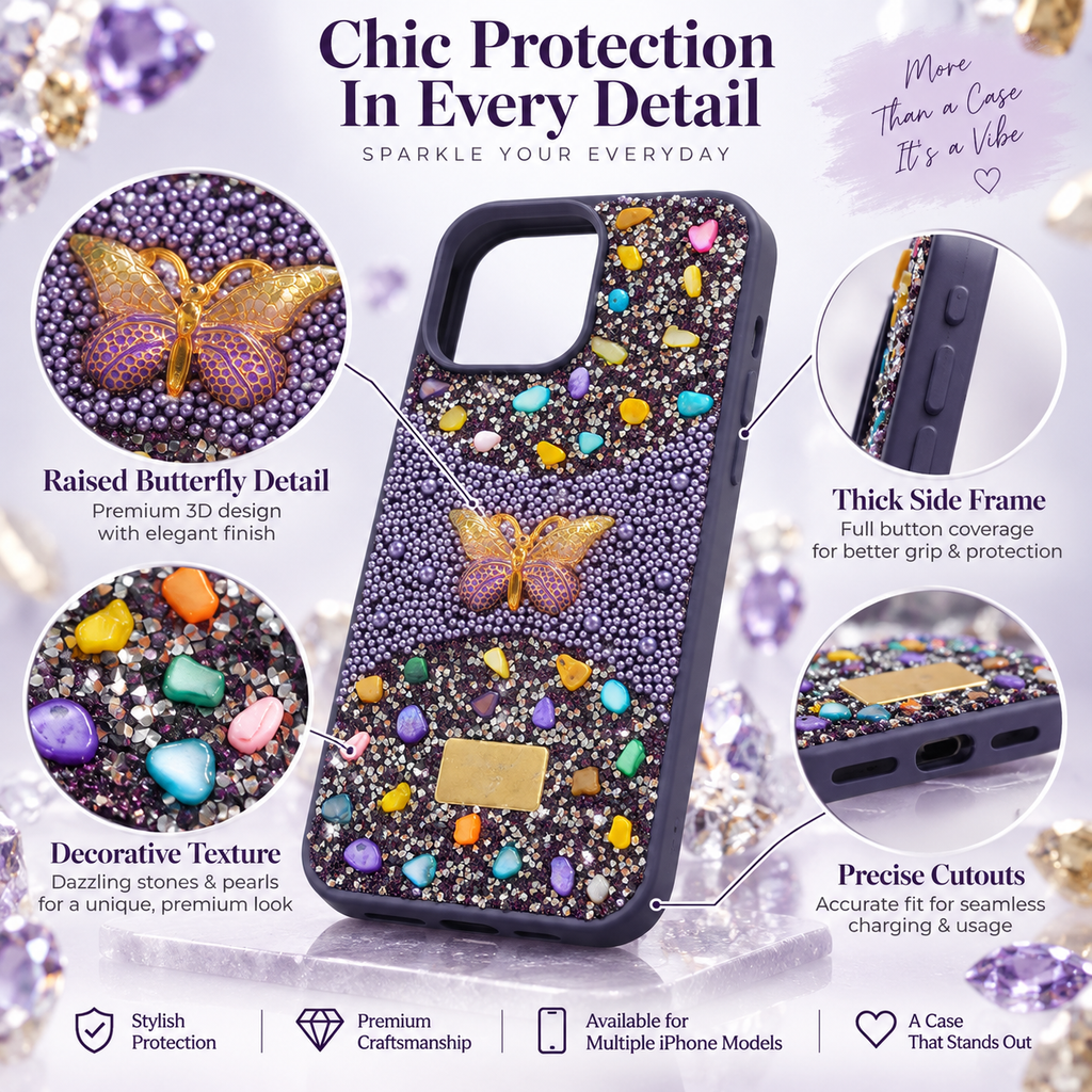 iPhone 16 Pro Max luxury-style butterfly pearl rhinestone glitter silicone case with shiny decorative stones