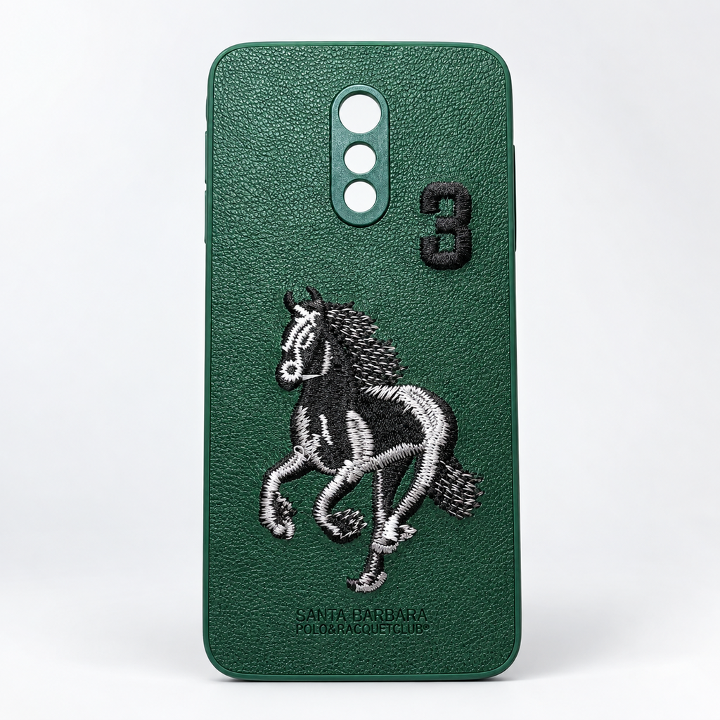 Green OnePlus 7 textured back cover with embroidered horse design, rear view