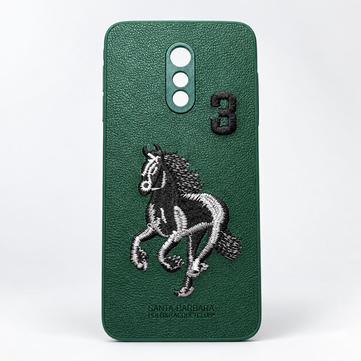 Green OnePlus 7 textured back cover with embroidered horse design, rear view