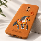 Angled view of BrownOnePlus 7 textured embroidered horse back cover