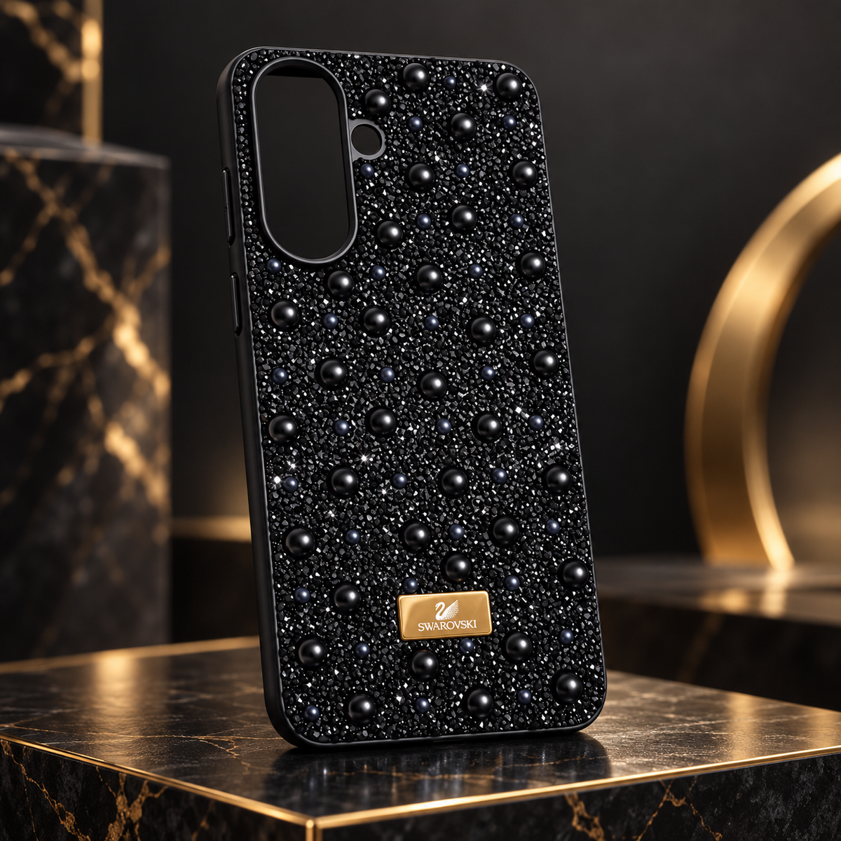 Black pearl rhinestone back cover for Samsung Galaxy A57 5G, rear studio view