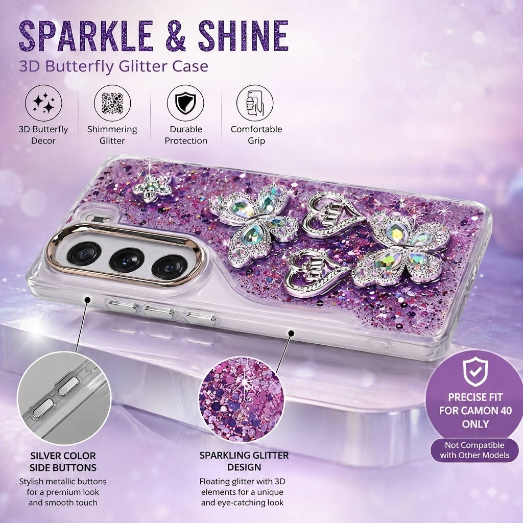 A purple glitter phone case with 3D butterfly embellishments, shown on a smartphone with marketing text or infographics and feature callouts on a soft lavender background.