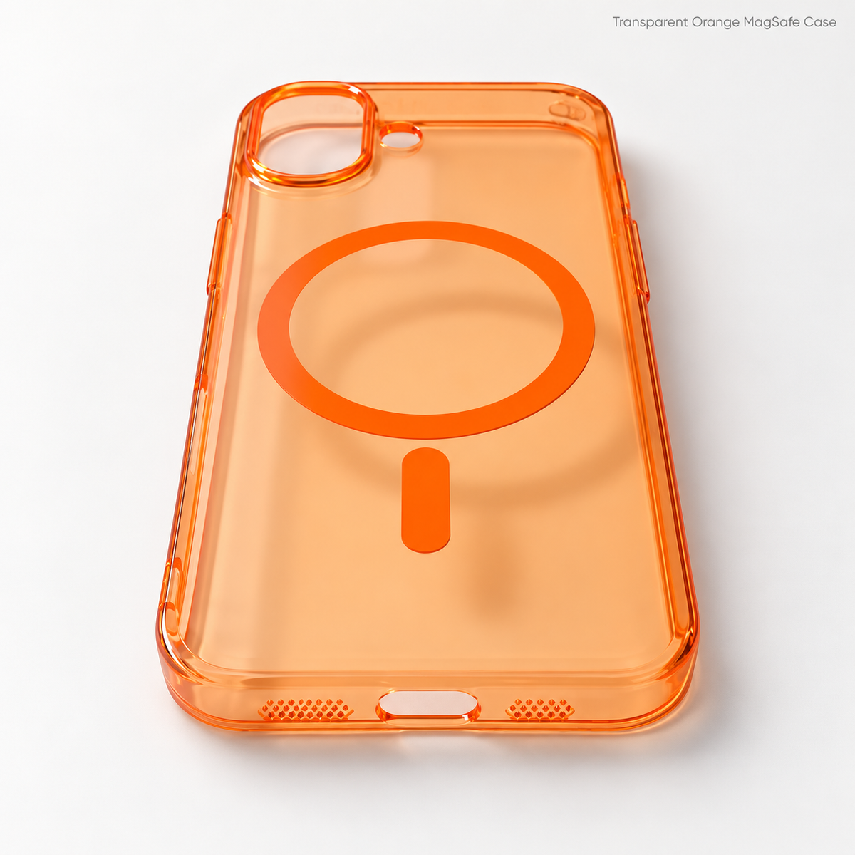 Iphone 17 tinted orange transparent cover placed on white background