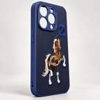 iphone 15 pro case with horse design and number standing on clean background