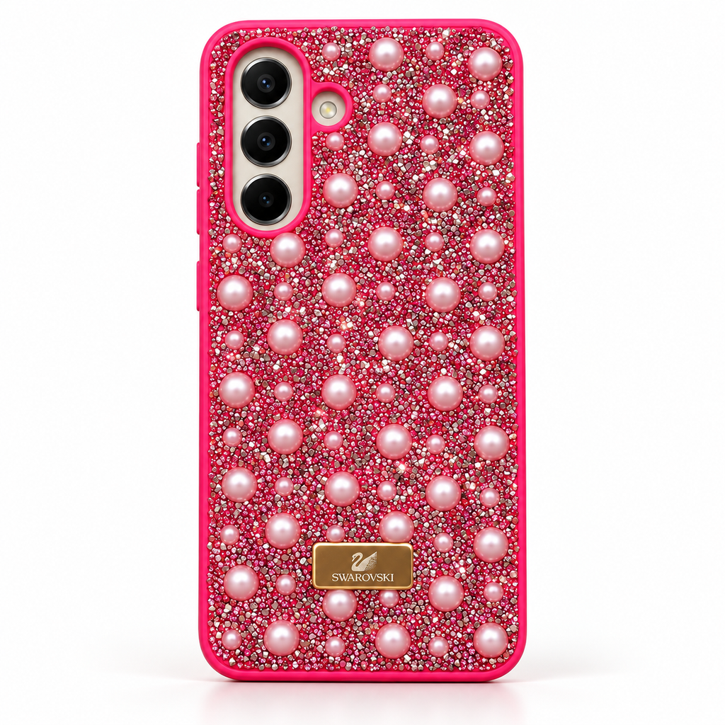 samsung galaxy a16 case in pink colour with rhinestones and pearls on it on white background