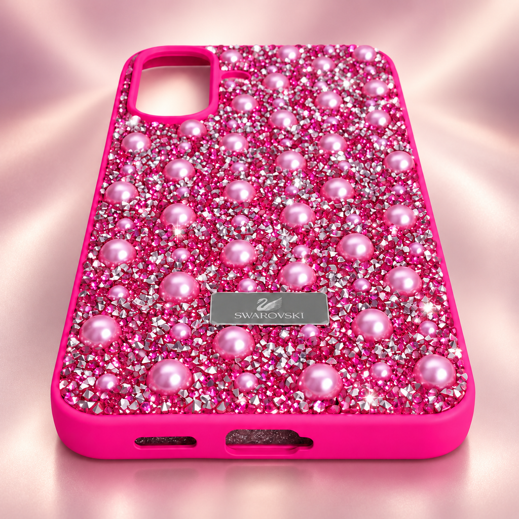 Pink pearl rhinestone back cover for Samsung Galaxy A57 5G, angled studio view