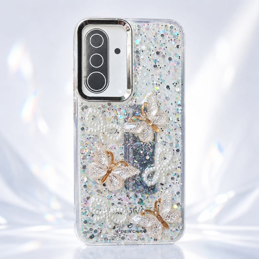 White glitter butterfly phone case with pearl-style details and raised decorative accents