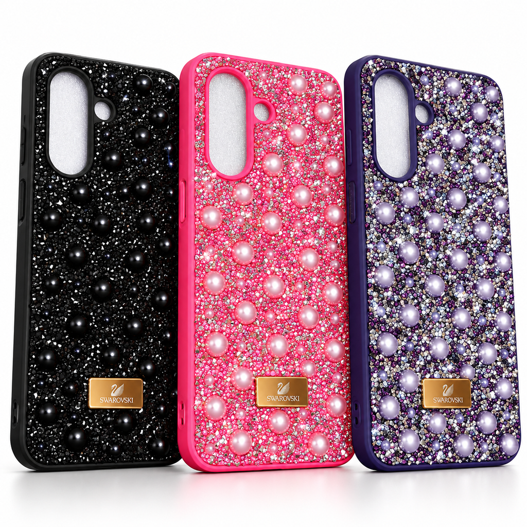 3 luxury premium samsung galaxy covers placed side by side showing pearls and rhinestones with tpu sides