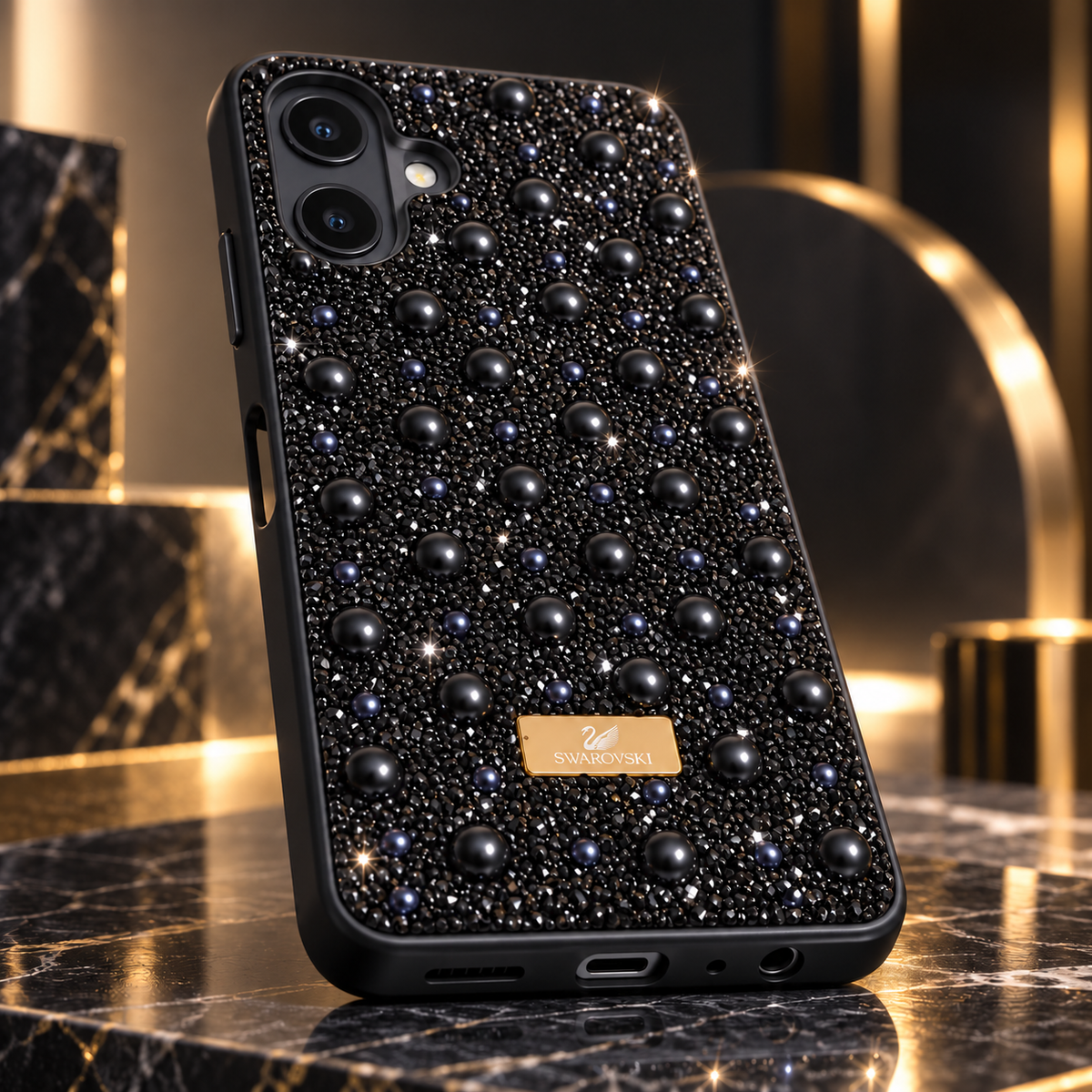 black luxury mobile case for samsung a07 placed on black marble 