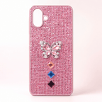 Pink Samsung Galaxy A07 glitter butterfly back cover with raised butterfly and three faceted decorative gems