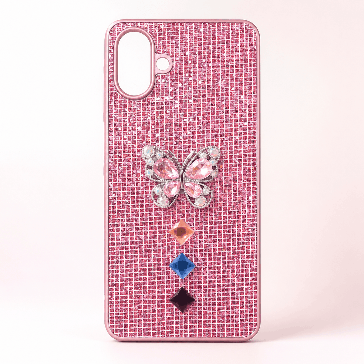 Pink Samsung Galaxy A07 glitter butterfly back cover with raised butterfly and three faceted decorative gems