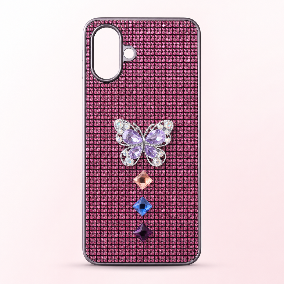 Samsung Galaxy A07 glitter butterfly back cover with raised butterfly and decorative gem accents