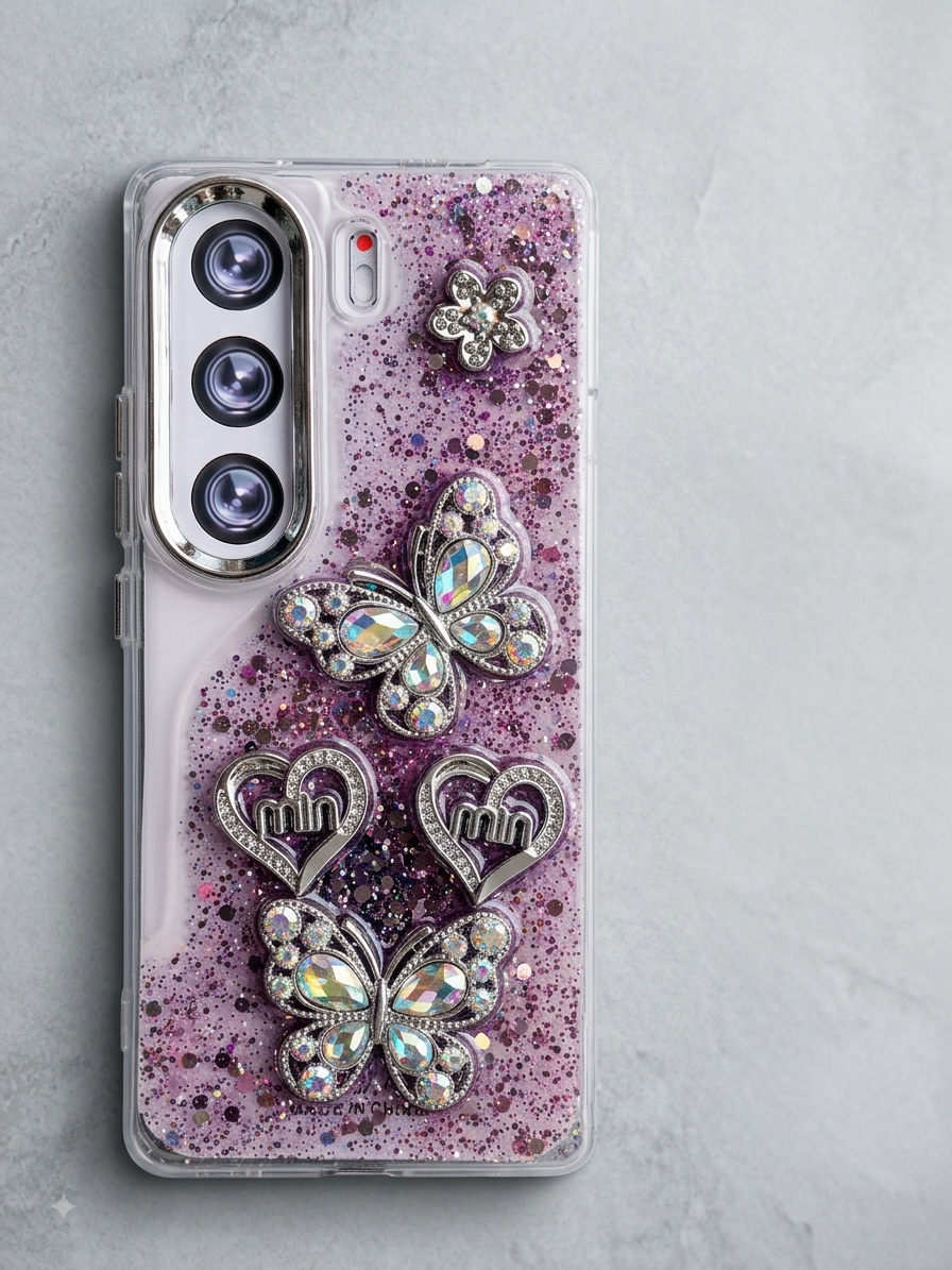 A clear phone case with a purple glitter background and raised silver butterfly and heart embellishments, shown on a light gray surface.