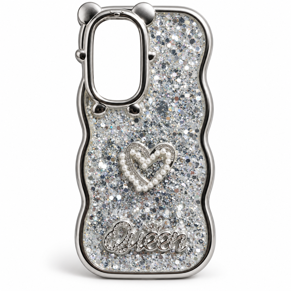 a phone case for spark 40 with curly edges and glitters on it camera area is showing like cartoon case colour is grey 