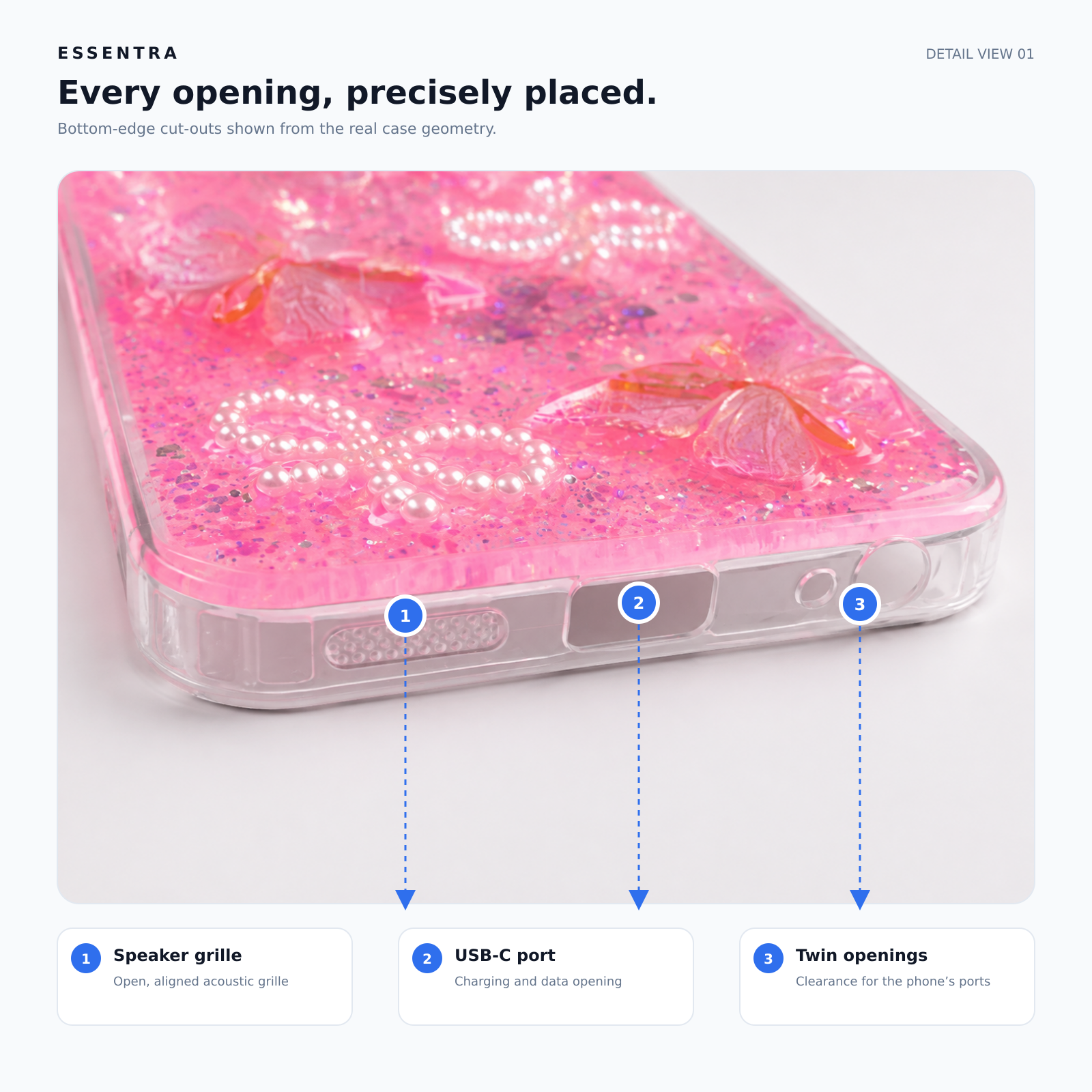 Pink glitter butterfly phone case bottom edge showing speaker grille, USB-C port and twin openings