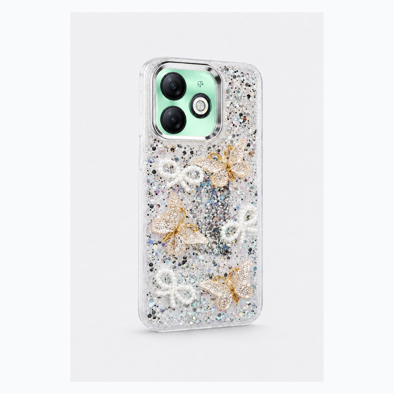 White and silver butterfly pearl bow case for Infinix Smart 8, square product image