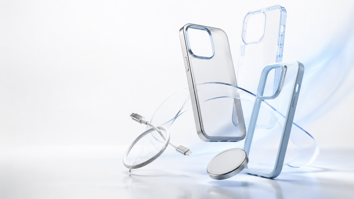 Conceptual mobile accessory forms in pearl white, silver and ice blue