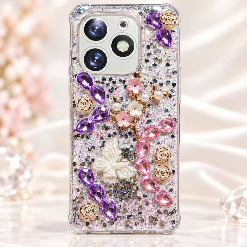Fancy glitter phone case with purple and pink gem-style accents, floral details and raised butterfly decoration