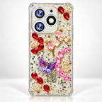 Fancy glitter phone case with red and pink gem-style accents, pearl-style floral details and raised butterfly decoration