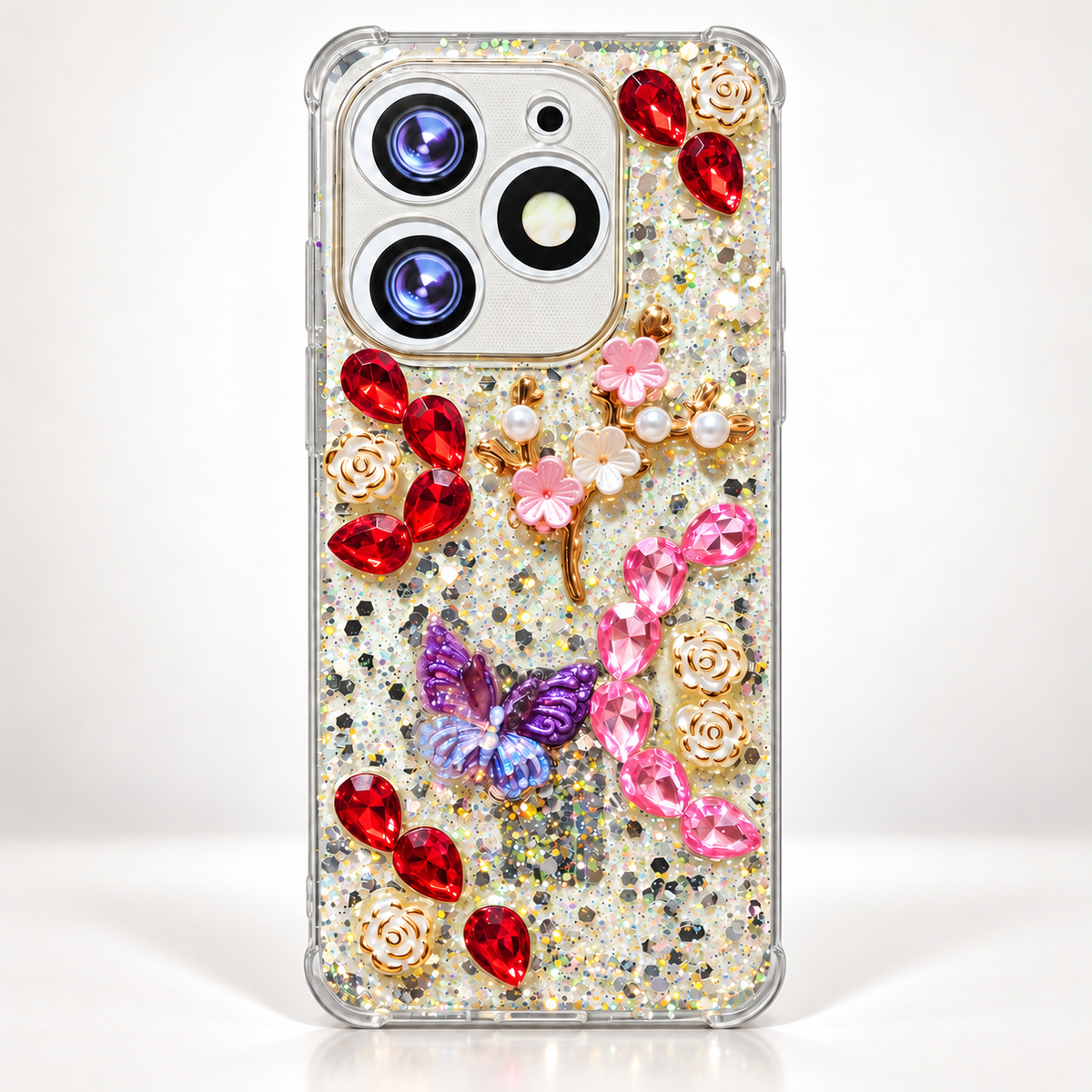 Fancy glitter phone case with red and pink gem-style accents, pearl-style floral details and raised butterfly decoration