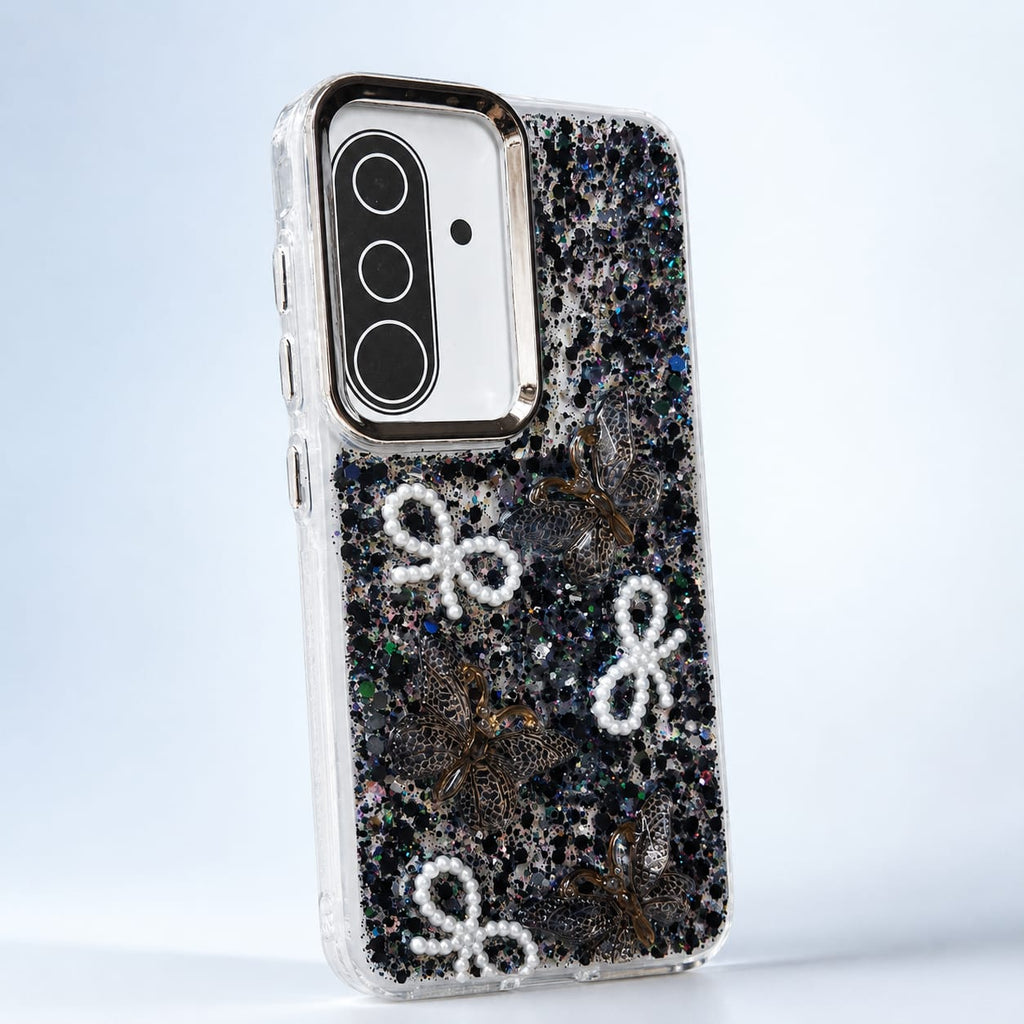 Samsung Galaxy A37 glitter butterfly pearl bow back cover with raised decorative details