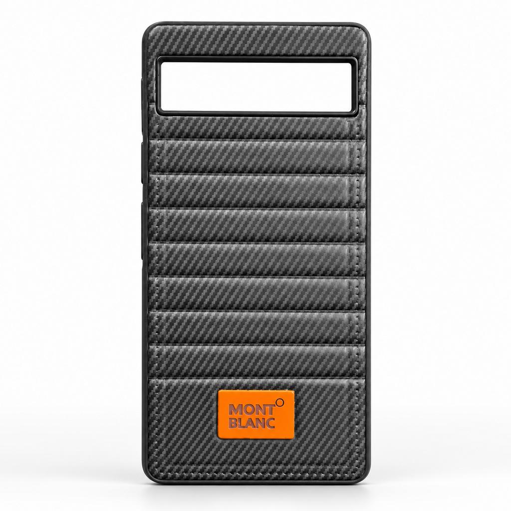 Black Google Pixel 6a carbon-fiber-style synthetic leather back cover with ribbed texture and silicone sides