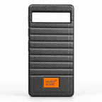 Black Google Pixel 6a carbon-fiber-style synthetic leather back cover with ribbed texture and silicone sides