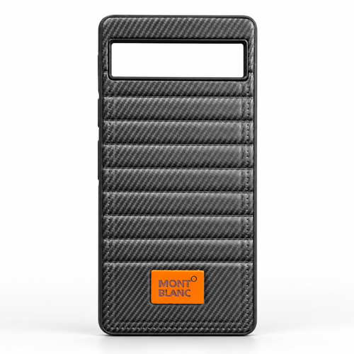Black Google Pixel 6a carbon-fiber-style synthetic leather back cover with ribbed texture and silicone sides