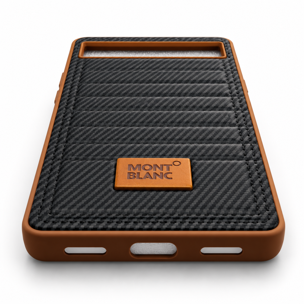 A protective phone case with a textured carbon-fiber-style backplate and a warm brown border, featuring a central brown leather patch with the Mont Blanc logo.