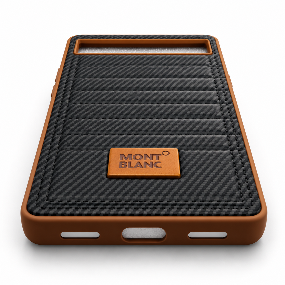 A protective phone case with a textured carbon-fiber-style backplate and a warm brown border, featuring a central brown leather patch with the Mont Blanc logo.