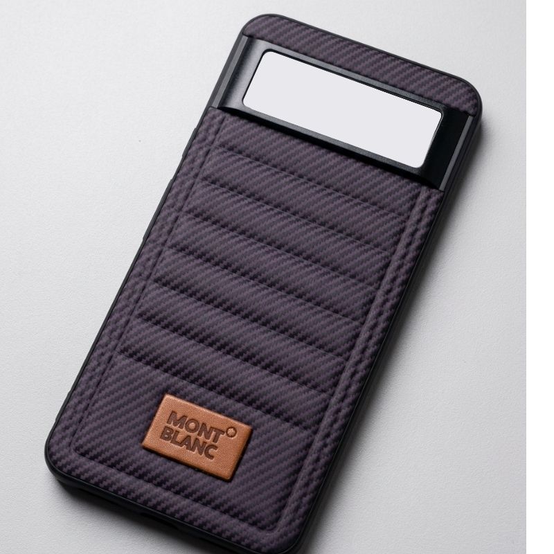 Purple carbon-fiber-style leather-texture case for Google Pixel 8, angled rear view