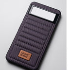 Purple carbon-fiber-style leather-texture case for Google Pixel 8, angled rear view