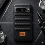 Black carbon-fiber-style leather-texture case for Google Pixel 8 Pro, rear view