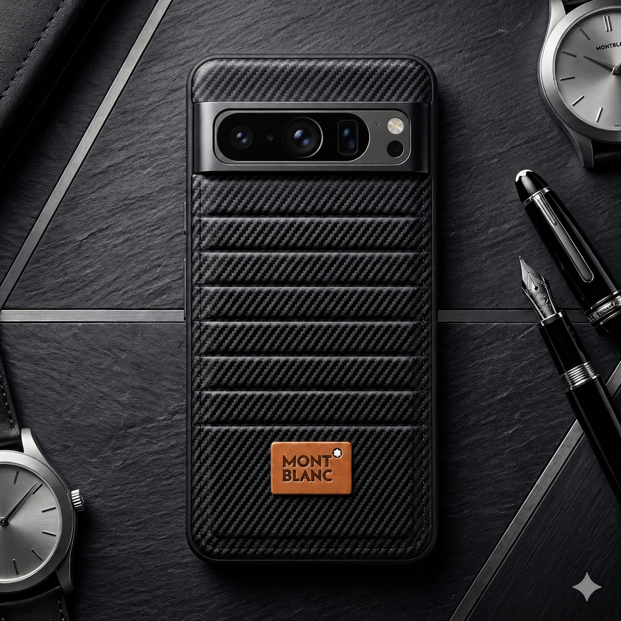 Black carbon-fiber-style leather-texture case for Google Pixel 8 Pro, rear view