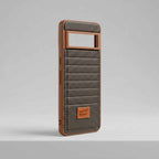 Brown carbon-fiber-style leather-texture case for Google Pixel 8 Pro, angled rear view