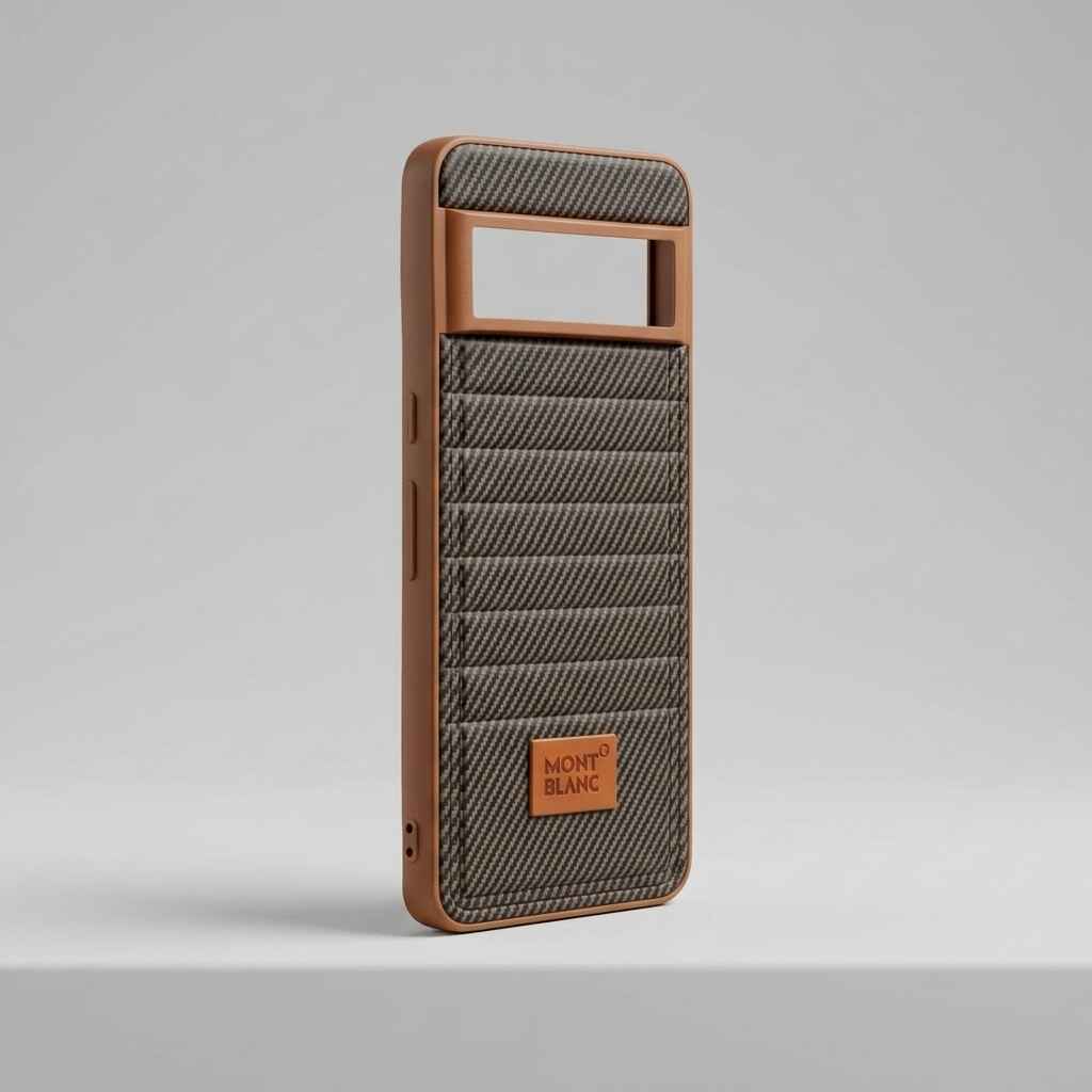 Brown carbon-fiber-style leather-texture case for Google Pixel 8 Pro, angled rear view