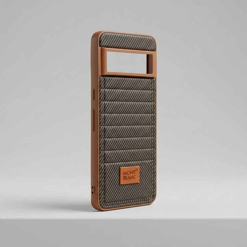 Brown carbon-fiber-style leather-texture case for Google Pixel 8 Pro, angled rear view
