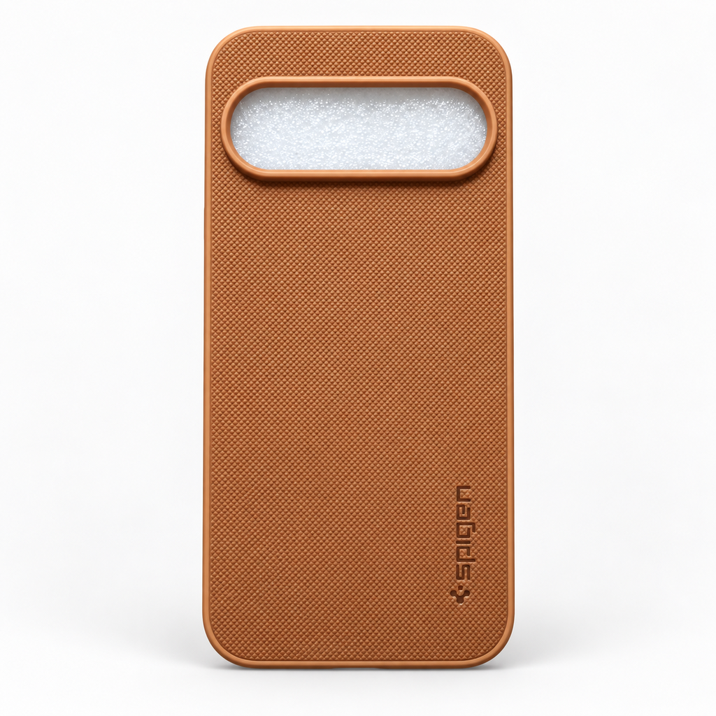 Brown Google Pixel 9 textured back cover with silicone sides and raised camera-bar surround, rear view
