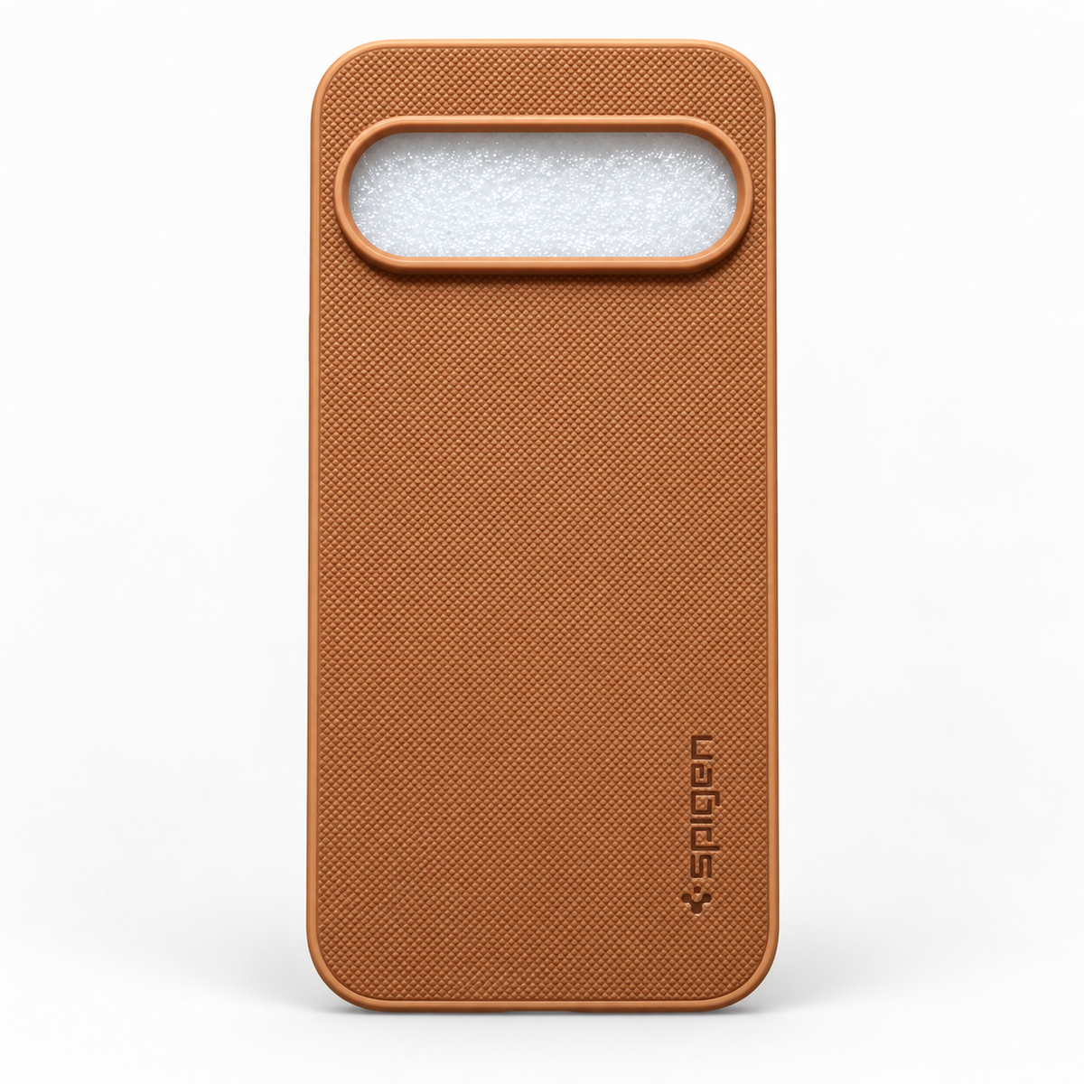 Brown Google Pixel 9 textured back cover with silicone sides and raised camera-bar surround, rear view