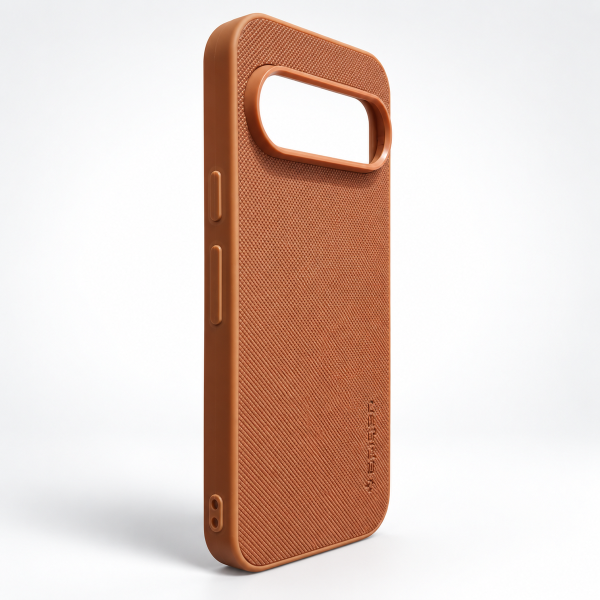 Angled view of Brown Google Pixel 9 textured back cover showing silicone sides, covered buttons and raised camera surround