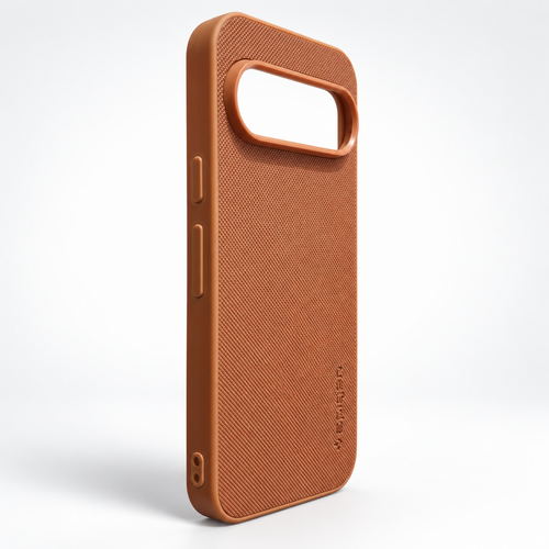 Angled view of Brown Google Pixel 9 textured back cover showing silicone sides, covered buttons and raised camera surround