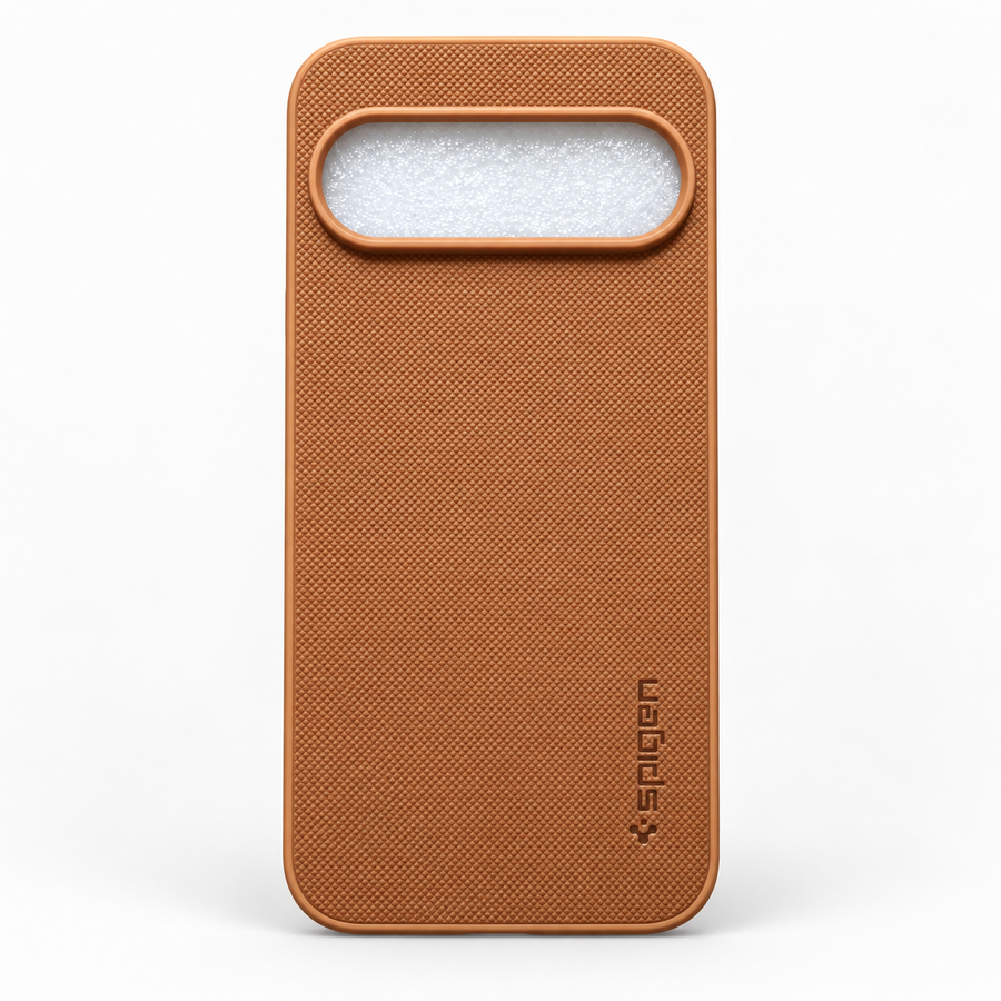Brown Google Pixel 9 Pro XL textured back cover with silicone sides and raised camera-bar surround, rear view