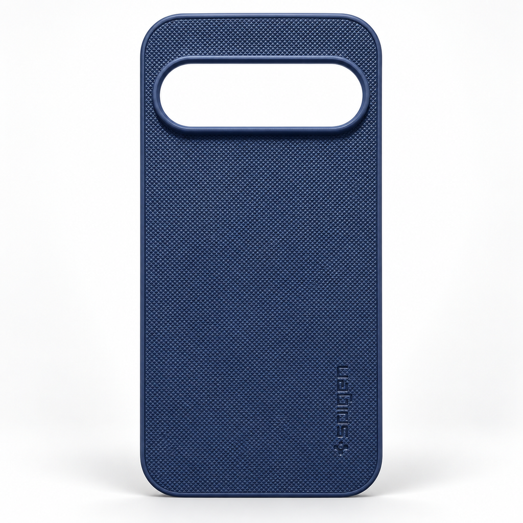 A dark blue textured phone case with a horizontal camera cutout at the top and a debossed 'Spigen' logo near the bottom, shown on a clean white background.