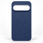A dark blue textured phone case with a horizontal camera cutout at the top and a debossed 'Spigen' logo near the bottom, shown on a clean white background.