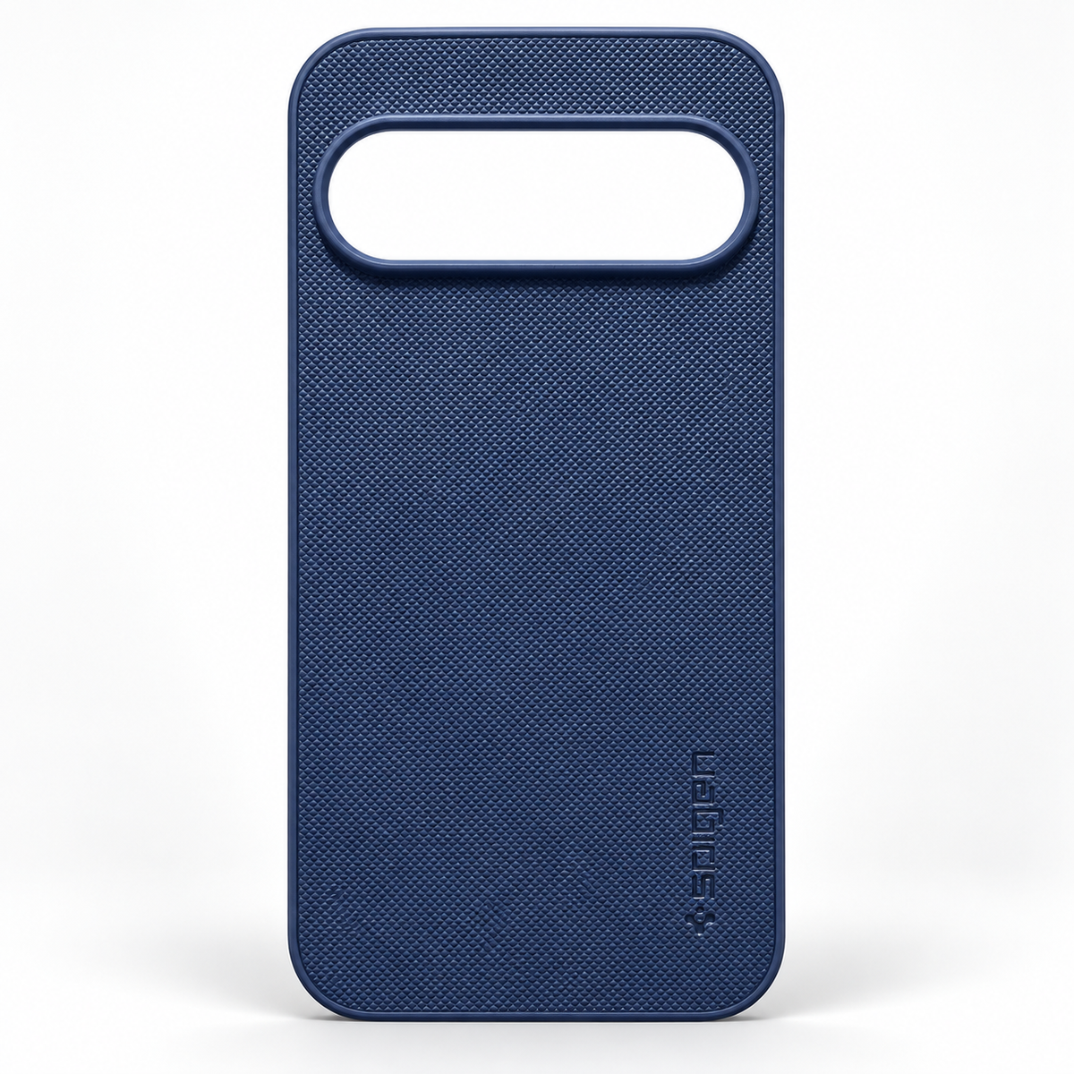A dark blue textured phone case with a horizontal camera cutout at the top and a debossed 'Spigen' logo near the bottom, shown on a clean white background.
