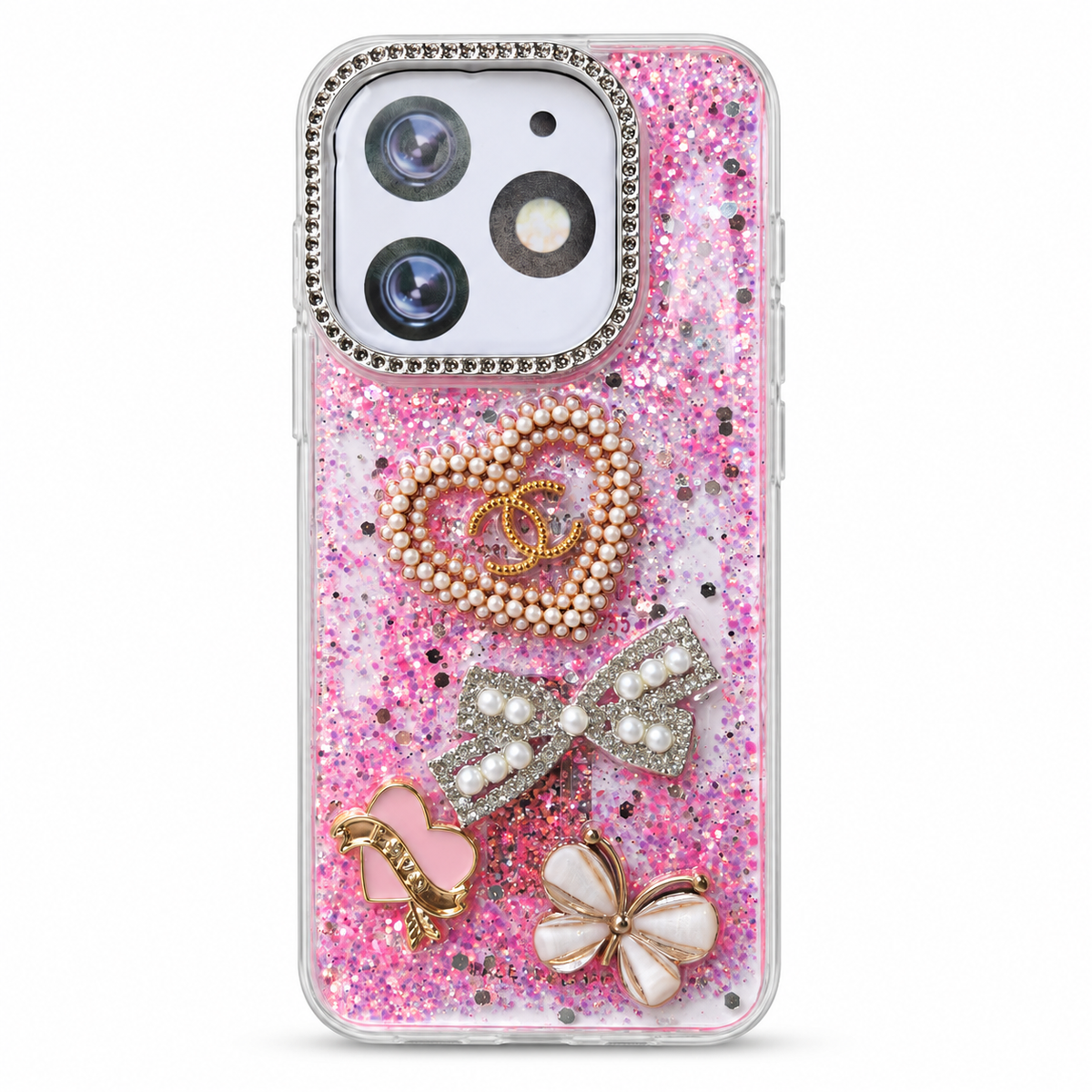 Pink fancy 3D pearl heart glitter phone case, rear view