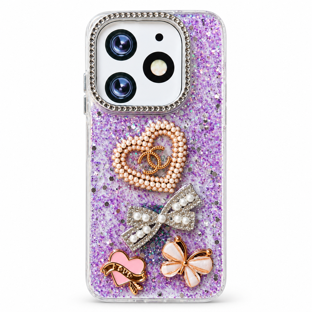 Purple fancy 3D pearl heart glitter phone case, rear view