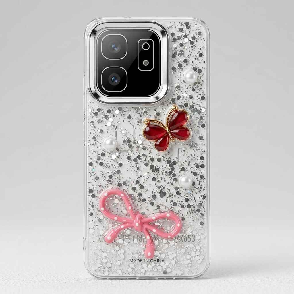 Decorative glitter phone case showing soft side frame and raised camera surround