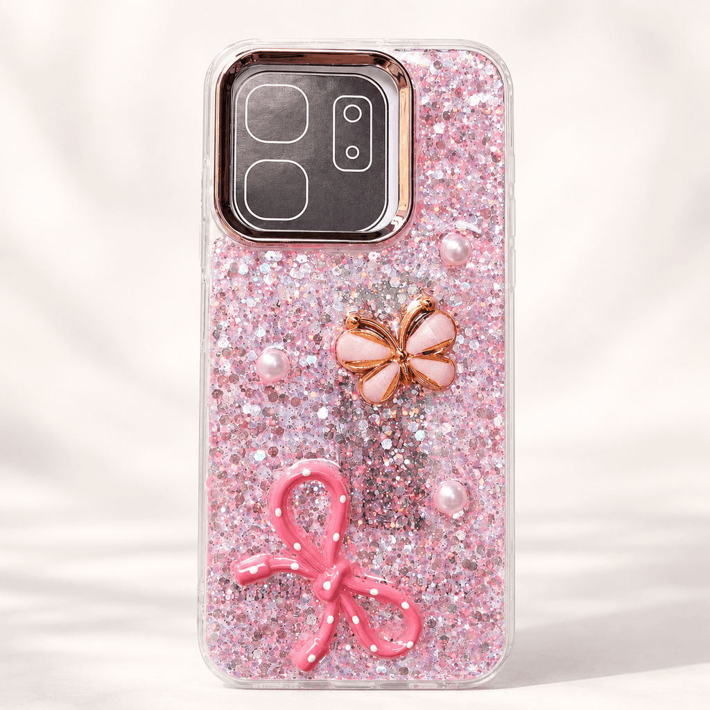 Pink glitter phone case with 3D butterfly, bow and pearl-style details